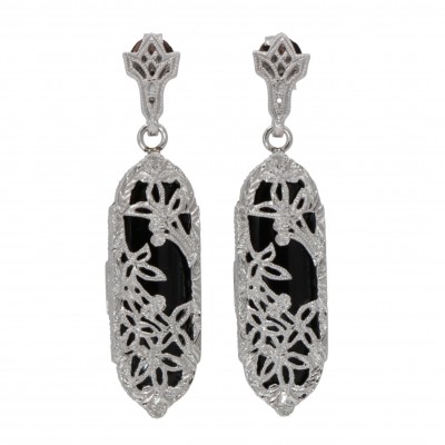 Antique Victorian Style Black Onyx Floral Filigree Earrings - 14kt White Gold - FE-207-WG