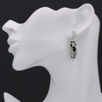 Antique Victorian Style Black Onyx Floral Filigree Earrings - 14kt White Gold - FE-207-WG