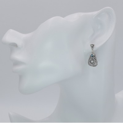 Art Deco London Blue Topaz and White Topaz Filigree Earrings - Sterling Silver - FE-367-LBT