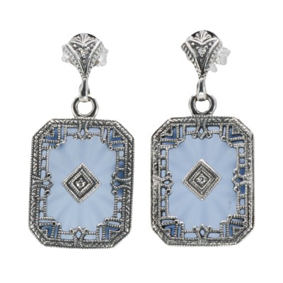 Art Deco Style Filigree Earrings Blue Pressed Glass Crystal Diamond Accents Sterling Silver - FE-371-BLUE