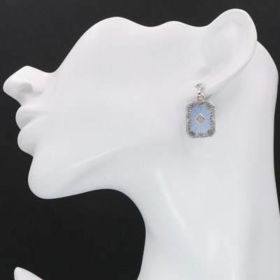 Art Deco Style Filigree Earrings Blue Pressed Glass Crystal Diamond Accents Sterling Silver - FE-371-BLUE