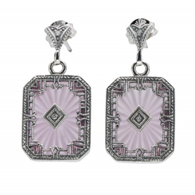 Art Deco Style Filigree Earrings Pink Pressed Glass Crystal Diamond Accents Sterling Silver - FE-371-PINK