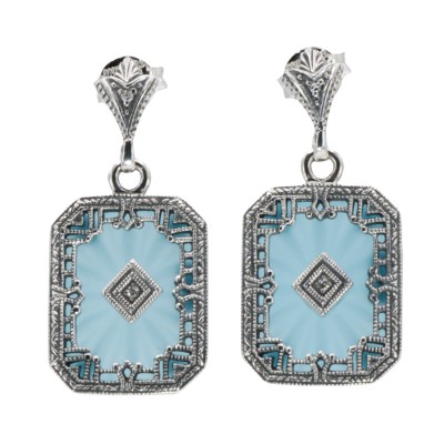 Art Deco Style Filigree Earrings Teal Pressed Glass Crystal Diamond Accents Sterling Silver - FE-371-TEAL