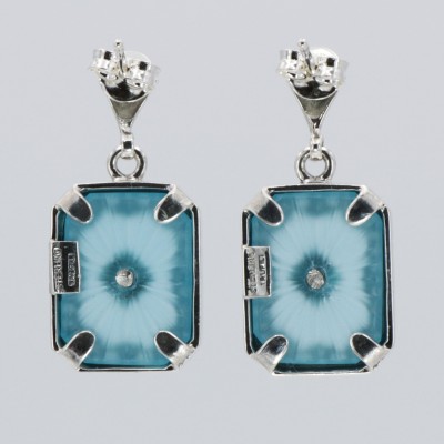 Art Deco Style Filigree Earrings Teal Pressed Glass Crystal Diamond Accents Sterling Silver - FE-371-TEAL