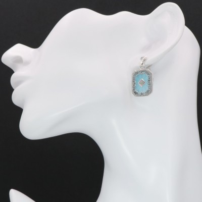 Art Deco Style Filigree Earrings Teal Pressed Glass Crystal Diamond Accents Sterling Silver - FE-371-TEAL