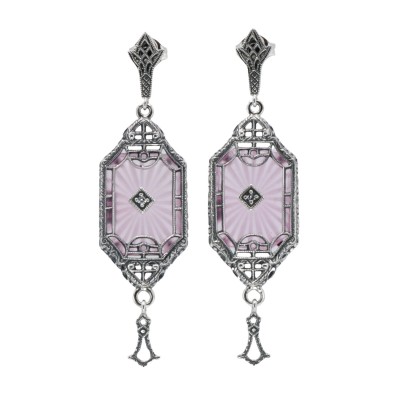Art Deco Style Pink Sunray Crystal Dangle Filigree Earrings Diamond Accent Sterling Silver - FE-582-PINK