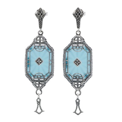 Art Deco Style Teal Sunray Crystal Dangle Filigree Earrings Diamond Accent Sterling Silver - FE-582-TEAL
