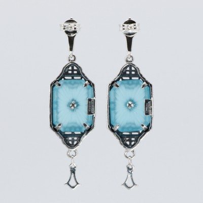 Art Deco Style Teal Sunray Crystal Dangle Filigree Earrings Diamond Accent Sterling Silver - FE-582-TEAL