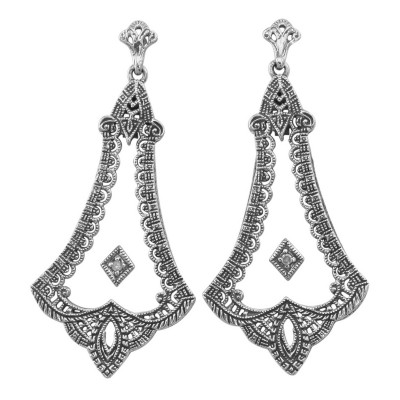 Crystal / Diamond Filigree Drop Earrings - Sterling Silver - FE-104-CR