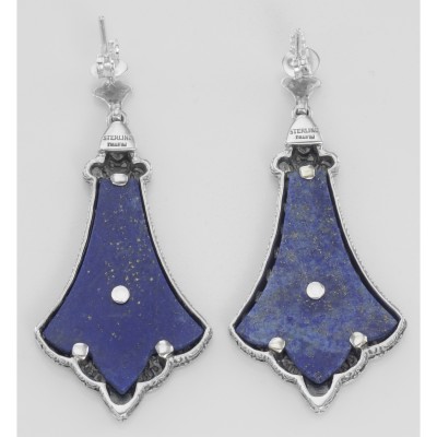 Lovely Art Deco Style Blue Lapis Lazuli Filigree Drop Earrings - Sterling Silver - FE-104-L