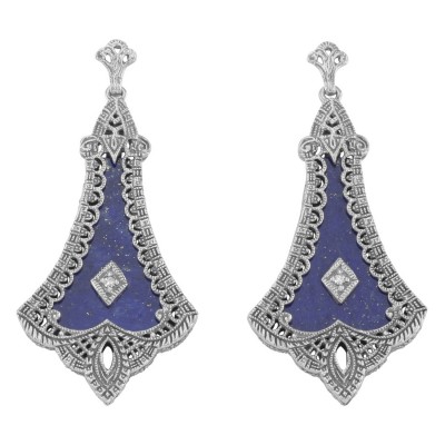 Lovely Art Deco Style Blue Lapis Lazuli Filigree Drop Earrings - Sterling Silver - FE-104-L