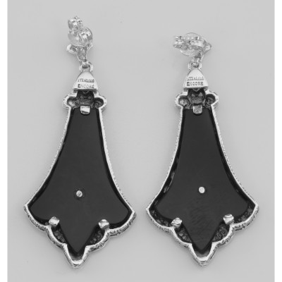 Art Deco Style Black Onyx Filigree Earrings with Diamond - Sterling Silver - FE-104-O