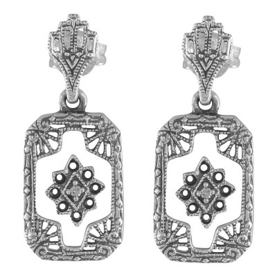 Victorian Style Camphor Glass / Diamond Filigree Earrings - Sterling Silver - FE-131-CR
