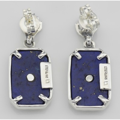 Victorian Style Blue Lapis and Diamond Filigree Earrings - Sterling Silver - FE-131-L