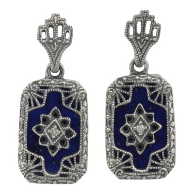 Victorian Style Blue Lapis and Diamond Filigree Earrings - Sterling Silver - FE-131-L