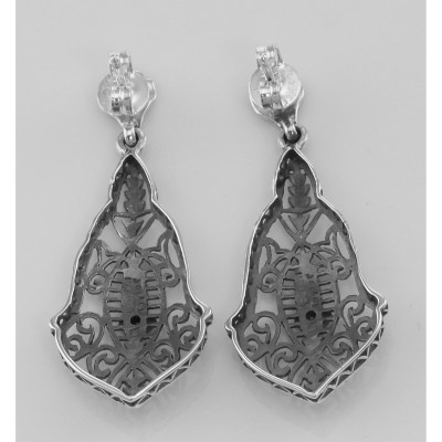 Sapphire Art Deco Style Filigree Drop Earrings - Sterling Silver - FE-137-S