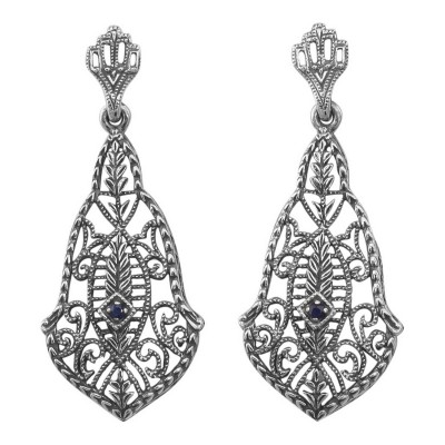 Sapphire Art Deco Style Filigree Drop Earrings - Sterling Silver - FE-137-S