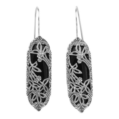 Antique Victorian Style Black Onyx Floral Filigree Earrings - Sterling Silver - FE-209