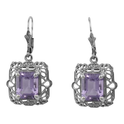 Art Deco Style 8 Carat TW Amethyst Filigree Earrings - Sterling Silver - FE-222-AM