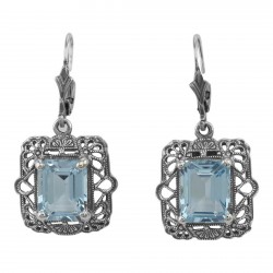 Art Deco Style Filigree 8 Carat TW Blue Topaz Earrings - Sterling Silver