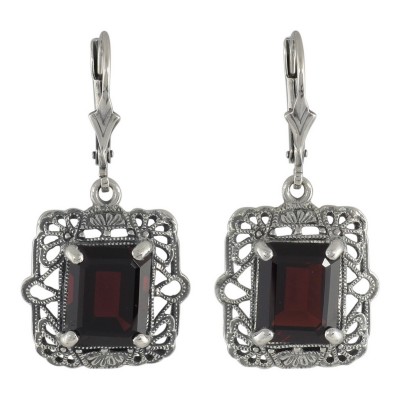 Victorian Style 8 Carat TW Red Garnet Filigree Earrings - Sterling Silver - FE-222-G