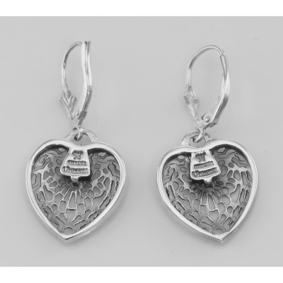 Antique Style Heart Shaped Filigree Earrings w/ Diamond - Sterling Silver - FE-247-D