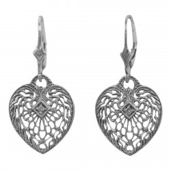 Antique Style Heart Shaped Filigree Earrings w/ Diamond - Sterling Silver