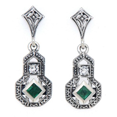 Art Deco Style Emerald and White Topaz Filigree Earrings - Sterling Silver - FE-365-E
