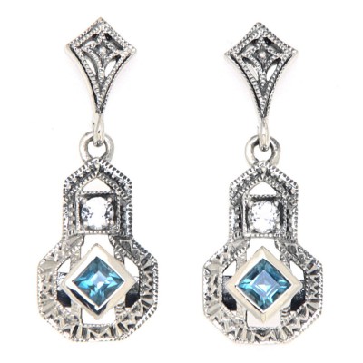 Art Deco Style London Blue Topaz and White Topaz Filigree Earrings - Sterling Silver - FE-365-LBT