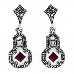 Art Deco Style Ruby and White Topaz Filigree Earrings - Sterling Silver