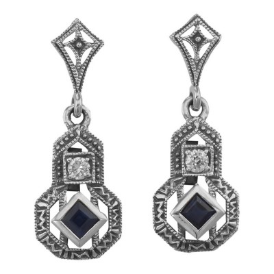 Sapphire and White Topaz Filigree Earrings - Sterling Silver - FE-365-S