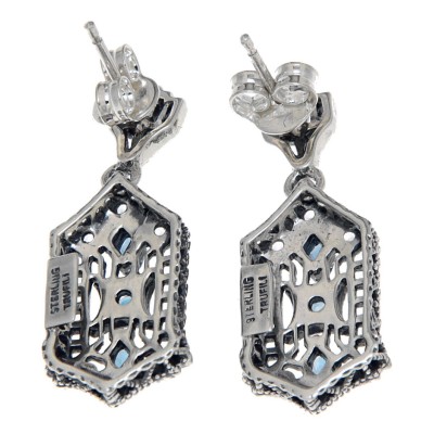 Art Deco London Blue Topaz and White Topaz Filigree Earrings - Sterling Silver - FE-366-LBT