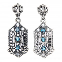 Art Deco London Blue Topaz and White Topaz Filigree Earrings - Sterling Silver