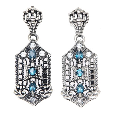 Art Deco London Blue Topaz and White Topaz Filigree Earrings - Sterling Silver - FE-366-LBT