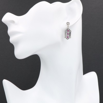 Art Deco Genuine Ruby and White Topaz Filigree Earrings - Sterling Silver - FE-366-R