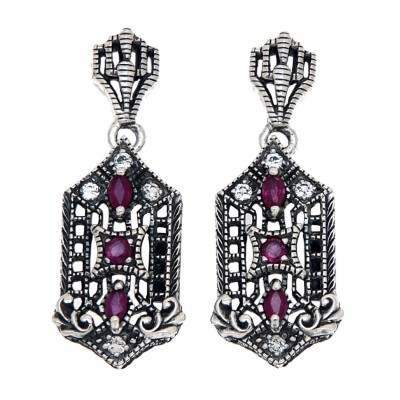 Art Deco Genuine Ruby and White Topaz Filigree Earrings - Sterling Silver - FE-366-R