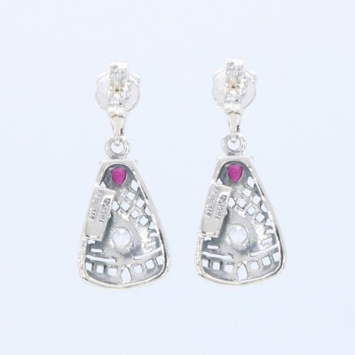 Art Deco Style Ruby and White Topaz Filigree Earrings - Sterling Silver - FE-367-R
