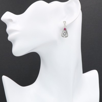 Art Deco Style Ruby and White Topaz Filigree Earrings - Sterling Silver - FE-367-R