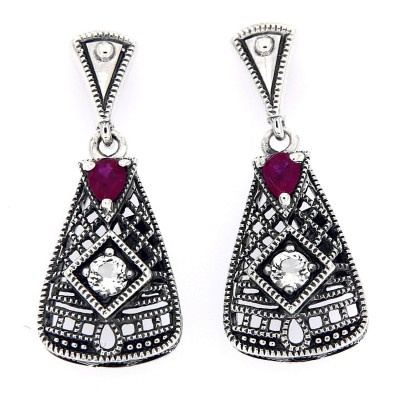 Art Deco Style Ruby and White Topaz Filigree Earrings - Sterling Silver - FE-367-R