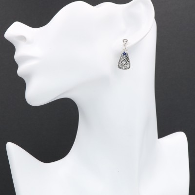 Art Deco Blue Sapphire and White Topaz Filigree Earrings - Sterling Silver - FE-367-S