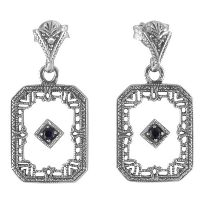 Art Deco Camphor Glass Sapphire Diamond Filigree Earrings Sterling Silver - FE-372-CR-S