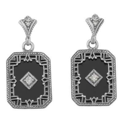 Art Deco Style Black Onyx and White Topaz Filigree Earrings Sterling Silver - FE-372-O-WT