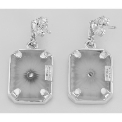 Art Deco Sunray Camphor Glass Genuine Diamond Filigree Earrings Sterling Silver - FE-372-SR-D