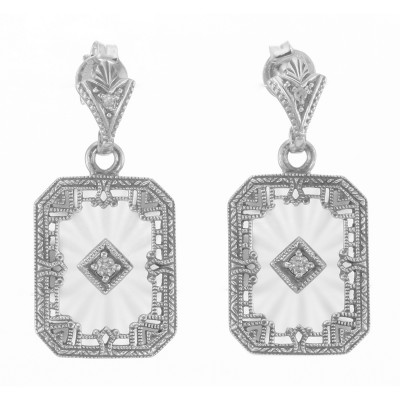 Art Deco Sunray Camphor Glass Genuine Diamond Filigree Earrings Sterling Silver - FE-372-SR-D