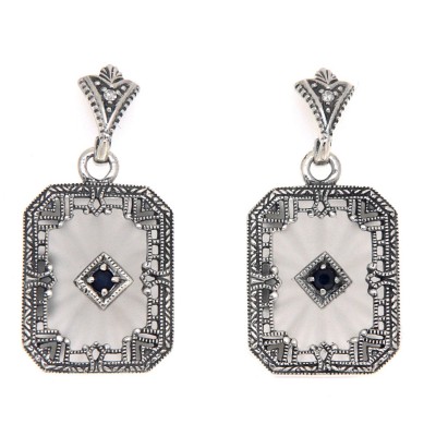 Art Deco Sunray Camphor Glass Sapphire Diamond Filigree Earrings Sterling Silver - FE-372-SR-S