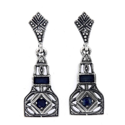 Art Deco Style Genuine Sapphire / White Topaz Filigree Earrings Sterling Silver - FE-373-S