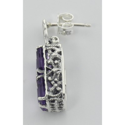 Art Deco Style Amethyst w/ Diamond Earrings - Sterling Silver - FE-376-AM