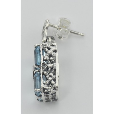 Art Deco Style Blue Topaz w/ Diamond Earrings - Sterling Silver - FE-376-BT