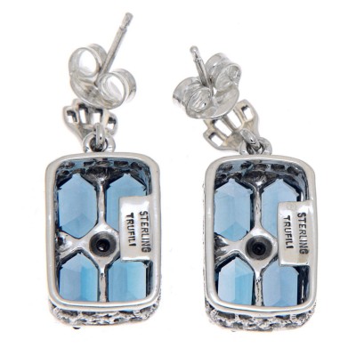 Art Deco Style London Blue Topaz w/ Diamond Earrings - Sterling Silver - FE-376-LBT
