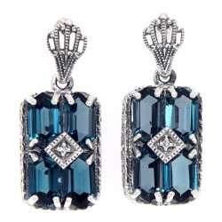 Art Deco Style London Blue Topaz w/ Diamond Earrings - Sterling Silver